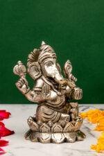 Brass Silver-Coated Superfine Ganesh Laxmi Idol - On Lotus - 4 Inches - Image 4
