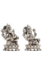 Brass Silver-Coated Superfine Ganesh Laxmi Idol - On Lotus - 4 Inches - Image 22