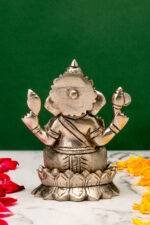 Brass Silver-Coated Superfine Ganesh Laxmi Idol - On Lotus - 4 Inches - Image 3