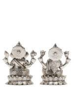 Brass Silver-Coated Superfine Ganesh Laxmi Idol - On Lotus - 4 Inches - Image 21