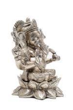 Brass Silver-Coated Superfine Ganesh Laxmi Idol - On Lotus - 6.70 Inches - Image 18
