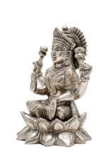 Brass Silver-Coated Superfine Ganesh Laxmi Idol - On Lotus - 6.70 Inches - Image 15