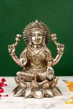 Brass Silver-Coated Superfine Ganesh Laxmi Idol - On Lotus - 6.70 Inches - Image 9