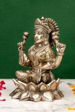 Brass Silver-Coated Superfine Ganesh Laxmi Idol - On Lotus - 6.70 Inches - Image 8