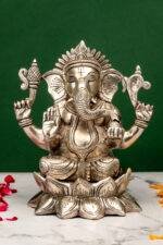 Brass Silver-Coated Superfine Ganesh Laxmi Idol - On Lotus - 6.70 Inches - Image 5