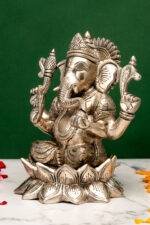 Brass Silver-Coated Superfine Ganesh Laxmi Idol - On Lotus - 6.70 Inches - Image 4