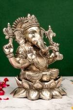 Brass Silver-Coated Superfine Ganesh Laxmi Idol - On Lotus - 6.70 Inches - Image 3