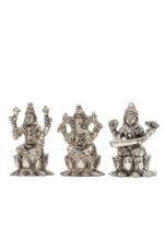 Brass Silver Coated Ganesh Laxmi Saraswati Idols - On Lotus - 2.60 Inch - Image 19