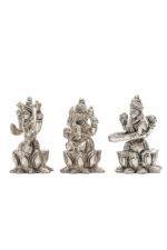 Brass Silver Coated Ganesh Laxmi Saraswati Idols - On Lotus - 2.60 Inch - Image 18