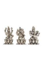 Brass Silver Coated Ganesh Laxmi Saraswati Idols - On Lotus - 2.60 Inch - Image 17