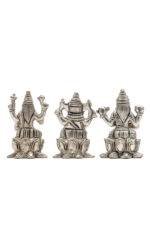 Brass Silver Coated Ganesh Laxmi Saraswati Idols - On Lotus - 2.60 Inch - Image 16