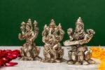 Brass Silver Coated Ganesh Laxmi Saraswati Idols - On Lotus - 2.60 Inch - Image 2