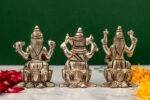 Brass Silver Coated Ganesh Laxmi Saraswati Idols - On Lotus - 2.60 Inch - Image 14