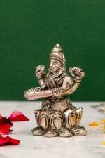 Brass Silver Coated Ganesh Laxmi Saraswati Idols - On Lotus - 2.60 Inch - Image 12
