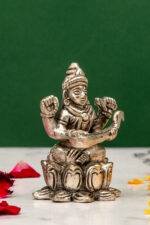 Brass Silver Coated Ganesh Laxmi Saraswati Idols - On Lotus - 2.60 Inch - Image 11