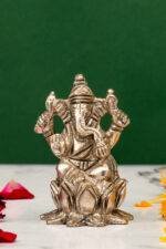 Brass Silver Coated Ganesh Laxmi Saraswati Idols - On Lotus - 2.60 Inch - Image 9