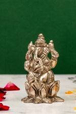 Brass Silver Coated Ganesh Laxmi Saraswati Idols - On Lotus - 2.60 Inch - Image 8