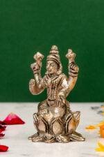 Brass Silver Coated Ganesh Laxmi Saraswati Idols - On Lotus - 2.60 Inch - Image 4