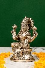 Brass Silver Coated Superfine Laxmi Mata Idol - Owl Base - 4.75 Inch - Image 2