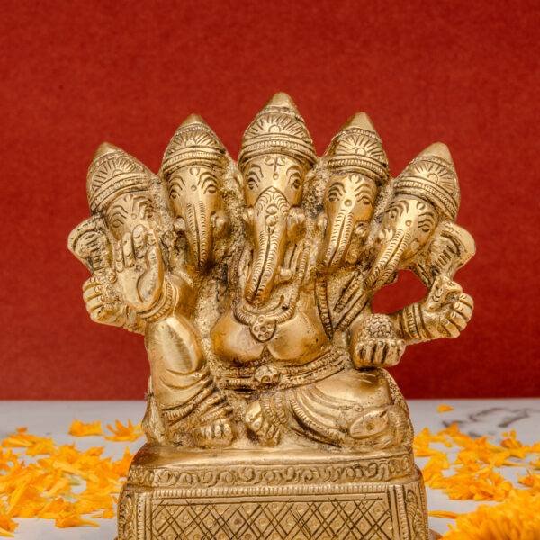 Superfine Brass Punchmukhi Ganesh Idol - Detailed Carving - 5 Inch