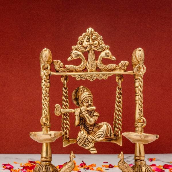 Superfine Brass Krishna on Jhula with Diya - Beautifully Carved - 9 Inch