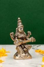 Brass Silver Coated Superfine Saraswati Idol - On Lotus - 3.15 Inch - Image 4
