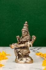 Brass Silver Coated Superfine Saraswati Idol - On Lotus - 3.15 Inch - Image 2