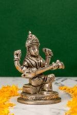 Brass Silver Coated Superfine Saraswati Idol - 4 Inch - Image 4