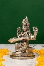 Brass Silver Coated Superfine Saraswati Idol - 4 Inch - Image 2