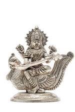 Brass Silver Coated Superfine Saraswati Idol - On Swan - 4.35 Inch - Image 8