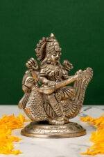 Brass Silver Coated Superfine Saraswati Idol - On Swan - 4.35 Inch - Image 4