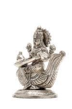 Brass Silver Coated Superfine Saraswati Idol - On Swan - 4.35 Inch - Image 7