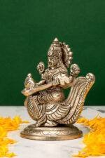 Brass Silver Coated Superfine Saraswati Idol - On Swan - 4.35 Inch - Image 2