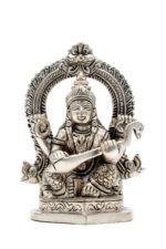 Brass Silver Coated Superfine Saraswati Idol - With Frame - 4.35 Inch - Image 7