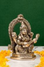 Brass Silver Coated Superfine Saraswati Idol - With Frame - 4.35 Inch - Image 4