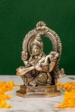 Brass Silver Coated Superfine Saraswati Idol - With Frame - 4.35 Inch - Image 2