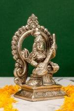 Brass Silver Coated Superfine Saraswati Idol - With Frame - 5.5 Inch - Image 3