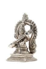 Brass Silver Coated Superfine Saraswati Idol - With Frame - 5.5 Inch - Image 7