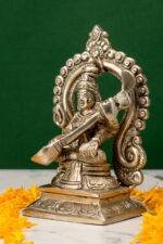 Brass Silver Coated Superfine Saraswati Idol - With Frame - 5.5 Inch - Image 2