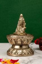 Brass Silver Coated Superfine Shivling with Shiva Carved – 5.5 Inch - Image 3