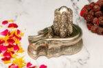 Brass Silver Coated Superfine Shivling - Shiv And Parvati Carved - 4 Inch - Image 2