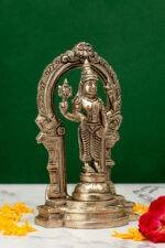 Brass Silver-Coated Superfine Standing Lord Vishnu Idol - With Frame - 6.70 Inches - Image 4
