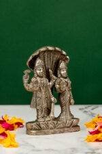 Brass Silver-Coated Superfine Standing Vishnu Laxmi Idol with Sheshnag - 4 Inches - Image 4