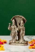 Brass Silver-Coated Superfine Standing Vishnu Laxmi Idol with Sheshnag - 4 Inches - Image 2
