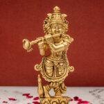 Superfine Brass Krishna Idol Playing Flute - Detailed Carving - 7 Inch