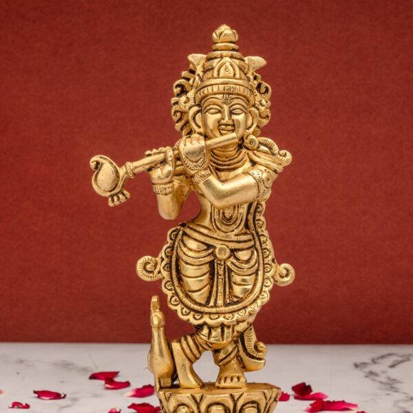Superfine Brass Krishna Idol Playing Flute - Detailed Carving - 7 Inch