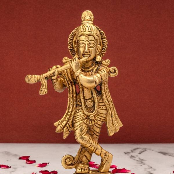 Superfine Brass KrishnaIdol Playing Flute - 7.5 Inch