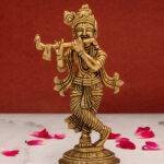 Brass Krishna Idol Playing Flute - Detailed Carving - 6 Inch