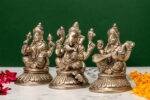 Brass Silver Coated Ganesh Laxmi Saraswati Idols - Detailed Carving - 4 Inch - Image 2