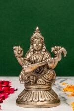 Brass Silver Coated Ganesh Laxmi Saraswati Idols - Detailed Carving - 4 Inch - Image 6